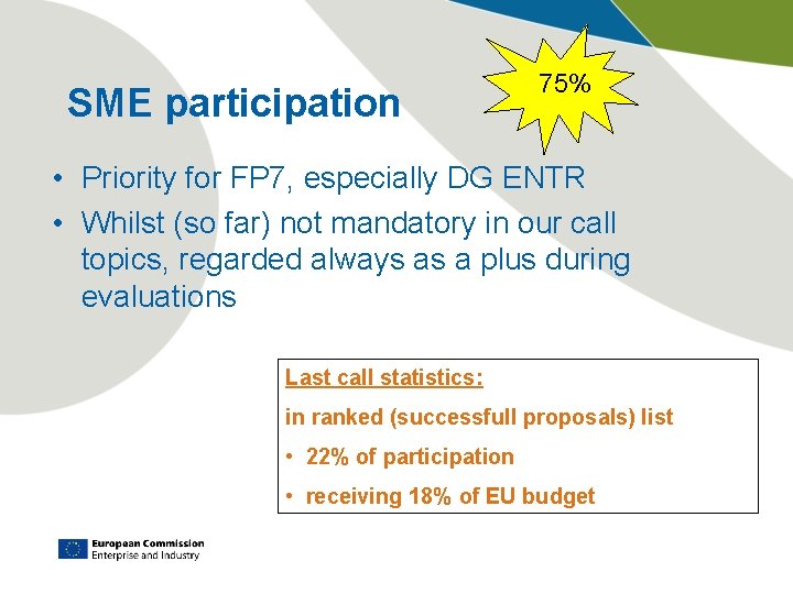 SME participation 75% • Priority for FP 7, especially DG ENTR • Whilst (so