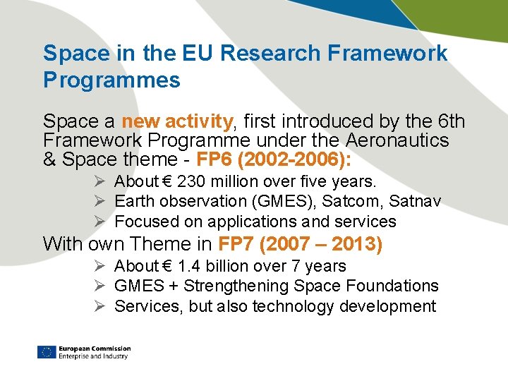 Space in the EU Research Framework Programmes Space a new activity, first introduced by