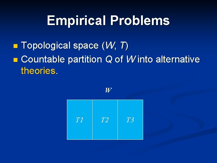 Empirical Problems Topological space (W, T) n Countable partition Q of W into alternative Empirical Problems Topological space (W, T) n Countable partition Q of W into alternative