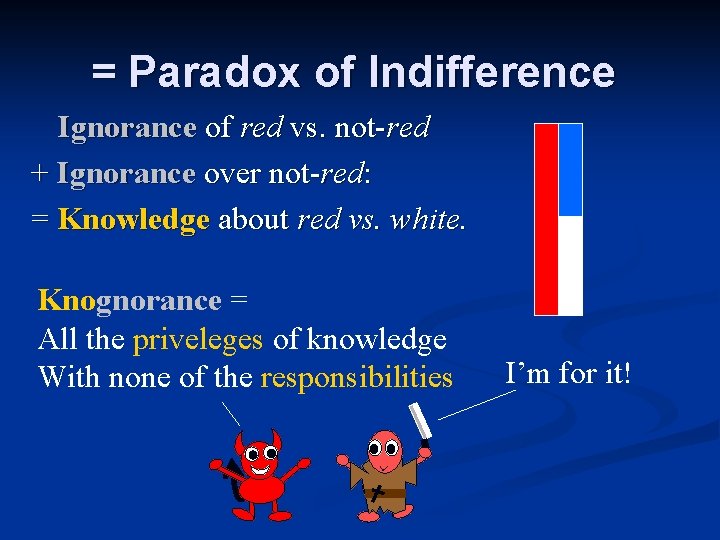 = Paradox of Indifference Ignorance of red vs. not-red + Ignorance over not-red: = = Paradox of Indifference Ignorance of red vs. not-red + Ignorance over not-red: =