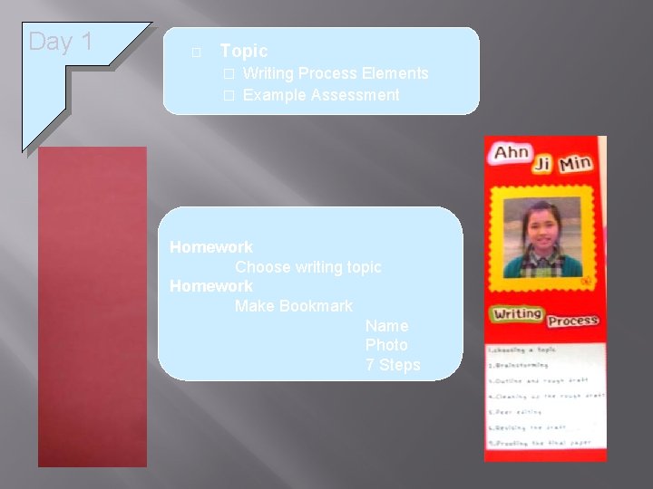 Day 1 � Topic Writing Process Elements � Example Assessment � Homework Choose writing