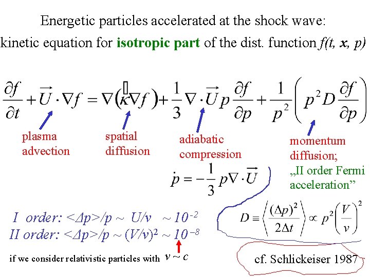 Energetic particles accelerated at the shock wave: kinetic equation for isotropic part of the