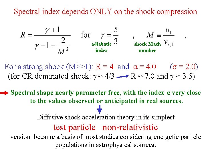 Spectral index depends ONLY on the shock compression adiabatic index shock Mach number For