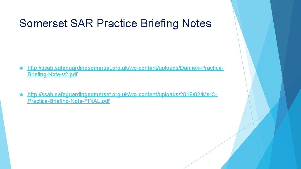 Somerset SAR Practice Briefing Notes http: //ssab. safeguardingsomerset. org. uk/wp-content/uploads/Damien-Practice. Briefing-Note-v 2. pdf http: Somerset SAR Practice Briefing Notes http: //ssab. safeguardingsomerset. org. uk/wp-content/uploads/Damien-Practice. Briefing-Note-v 2. pdf http: