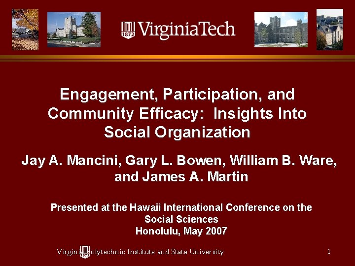 Engagement, Participation, and Community Efficacy: Insights Into Social Organization Jay A. Mancini, Gary L.