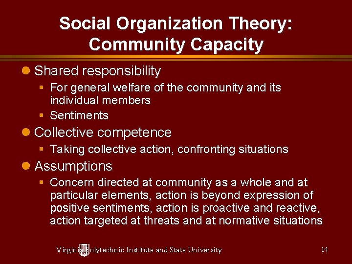 Social Organization Theory: Community Capacity Shared responsibility § For general welfare of the community