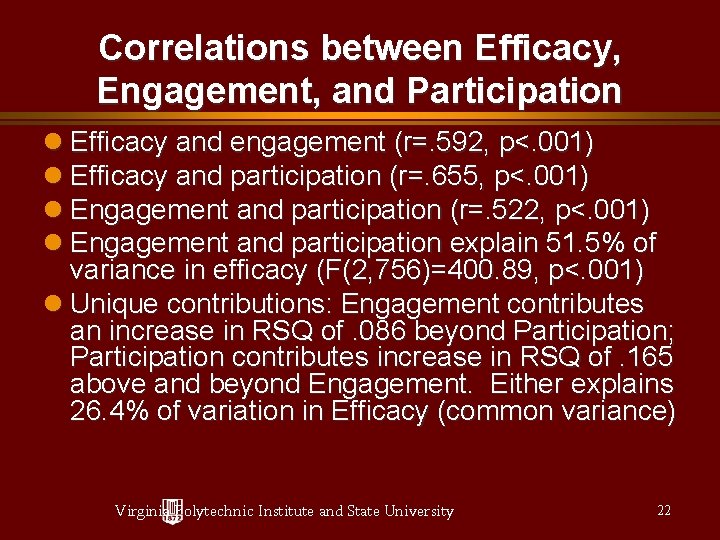 Correlations between Efficacy, Engagement, and Participation Efficacy and engagement (r=. 592, p<. 001) Efficacy