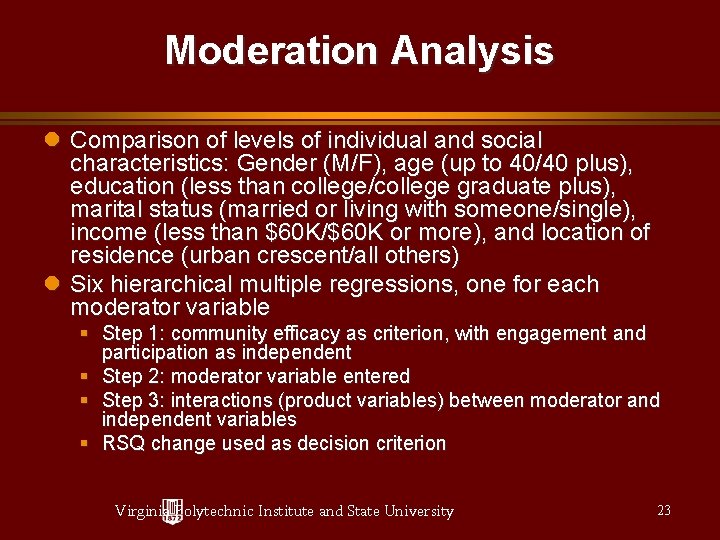 Moderation Analysis Comparison of levels of individual and social characteristics: Gender (M/F), age (up