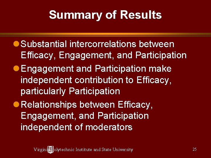 Summary of Results Substantial intercorrelations between Efficacy, Engagement, and Participation Engagement and Participation make