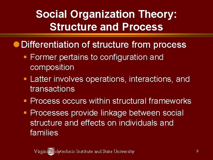Social Organization Theory: Structure and Process Differentiation of structure from process § Former pertains