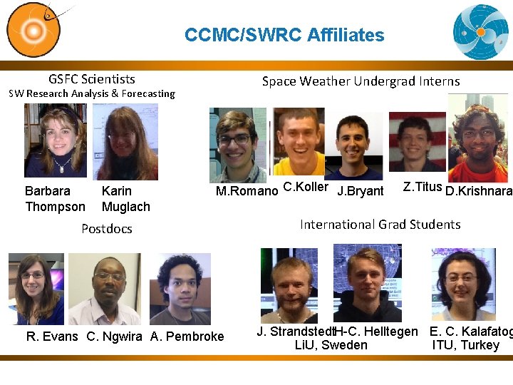 CCMC/SWRC Affiliates GSFC Scientists Space Weather Undergrad Interns SW Research Analysis & Forecasting Barbara