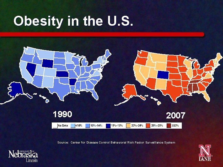 Obesity in the U. S. 1990 2007 Source: Center for Disease Control Behavioral Risk