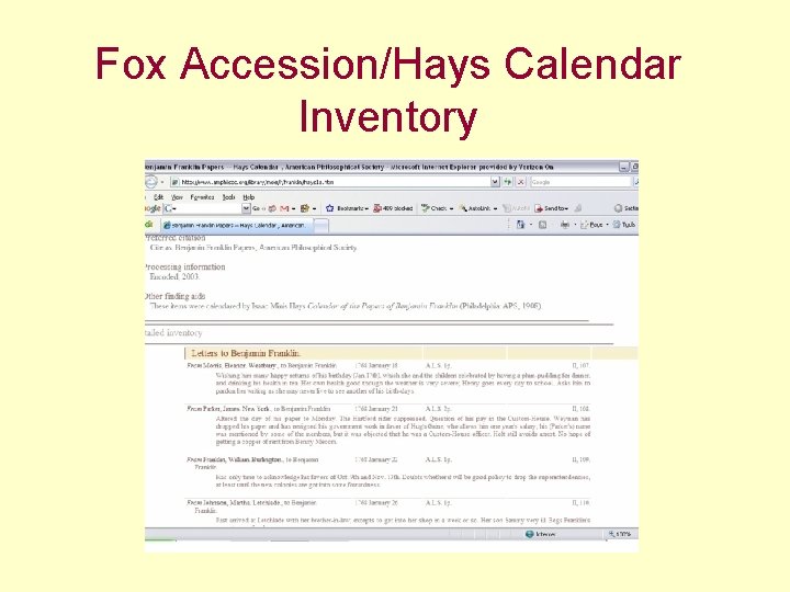 Fox Accession/Hays Calendar Inventory 