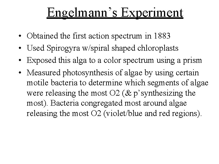Engelmann’s Experiment • • Obtained the first action spectrum in 1883 Used Spirogyra w/spiral Engelmann’s Experiment • • Obtained the first action spectrum in 1883 Used Spirogyra w/spiral