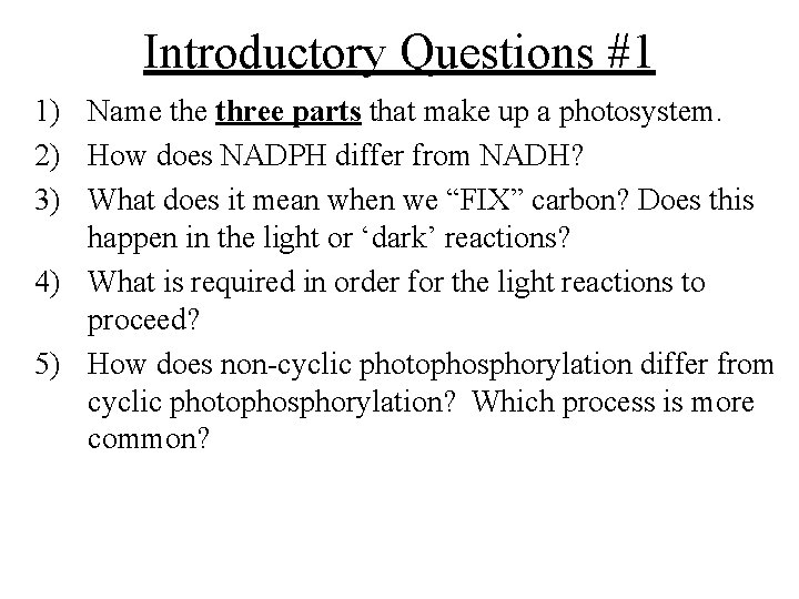 Introductory Questions #1 1) Name three parts that make up a photosystem. 2) How Introductory Questions #1 1) Name three parts that make up a photosystem. 2) How