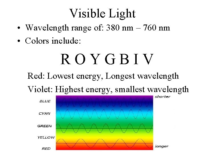 Visible Light • Wavelength range of: 380 nm – 760 nm • Colors include: Visible Light • Wavelength range of: 380 nm – 760 nm • Colors include: