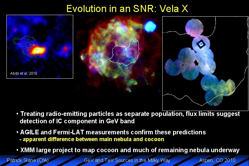 Evolution in an SNR: Vela X Abdo et al. 2010 • Treating radio-emitting particles