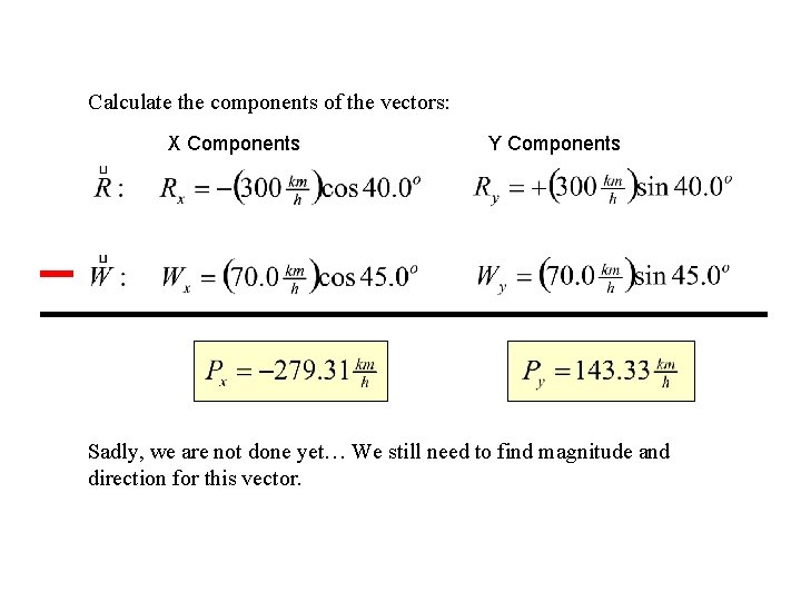 Calculate the components of the vectors: X Components Y Components Sadly, we are not