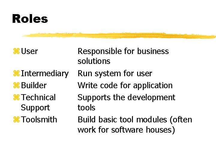 Roles z User z Intermediary z Builder z Technical Support z Toolsmith Responsible for