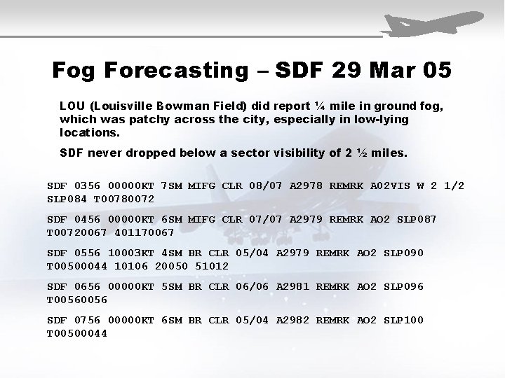 Fog Forecasting – SDF 29 Mar 05 LOU (Louisville Bowman Field) did report ¼