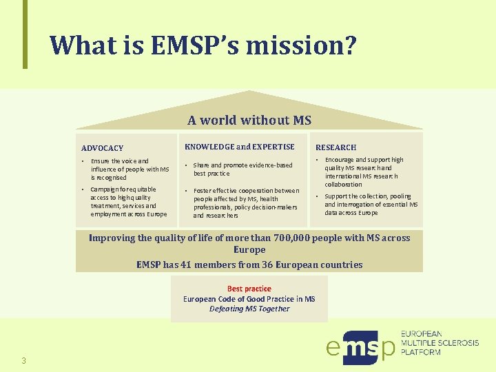 What is EMSP’s mission? A world without MS ADVOCACY KNOWLEDGE and EXPERTISE RESEARCH •