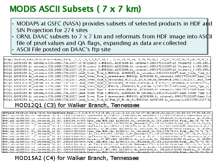 MODIS ASCII Subsets ( 7 x 7 km) • MODAPS at GSFC (NASA) provides
