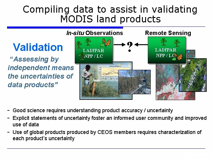 Compiling data to assist in validating MODIS land products In-situ Observations Validation “Assessing by