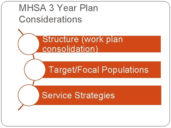 MHSA 3 Year Plan Considerations Structure (work plan consolidation) Target/Focal Populations Service Strategies MHSA 3 Year Plan Considerations Structure (work plan consolidation) Target/Focal Populations Service Strategies