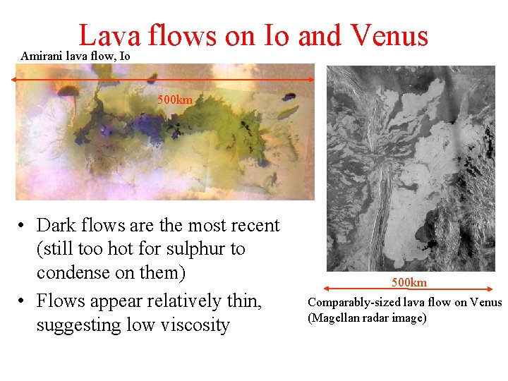 Lava flows on Io and Venus Amirani lava flow, Io 500 km • Dark