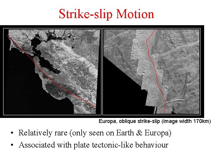 Strike-slip Motion Europa, oblique strike-slip (image width 170 km) • Relatively rare (only seen