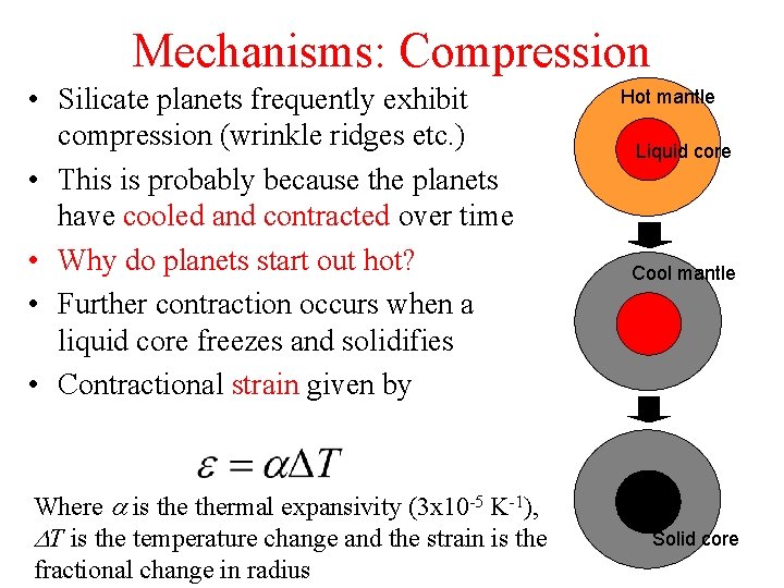 Mechanisms: Compression • Silicate planets frequently exhibit compression (wrinkle ridges etc. ) • This