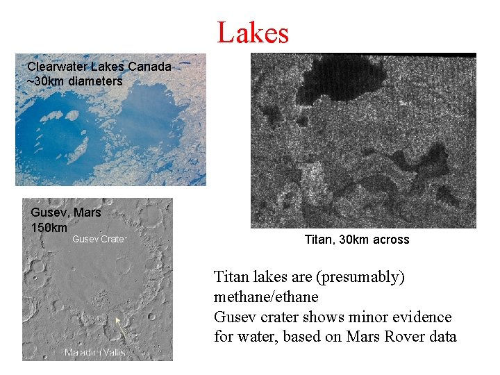 Lakes Clearwater Lakes Canada ~30 km diameters Gusev, Mars 150 km Titan, 30 km