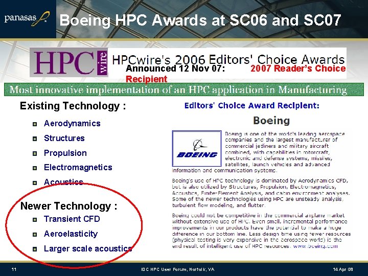 Boeing HPC Awards at SC 06 and SC 07 Announced 12 Nov 07: Recipient