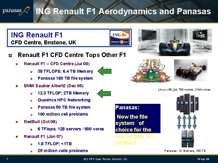 ING Renault F 1 Aerodynamics and Panasas ING Renault F 1 CFD Centre, Enstone,