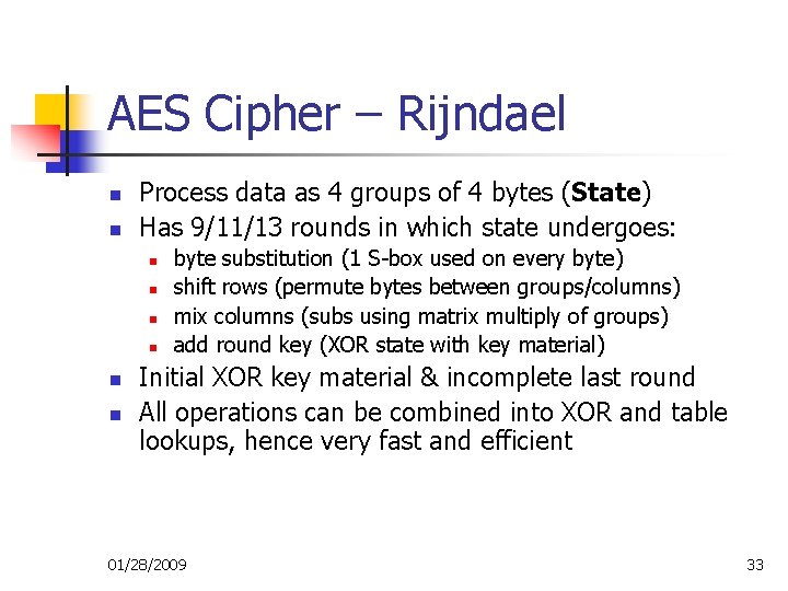 AES Cipher – Rijndael n n Process data as 4 groups of 4 bytes AES Cipher – Rijndael n n Process data as 4 groups of 4 bytes