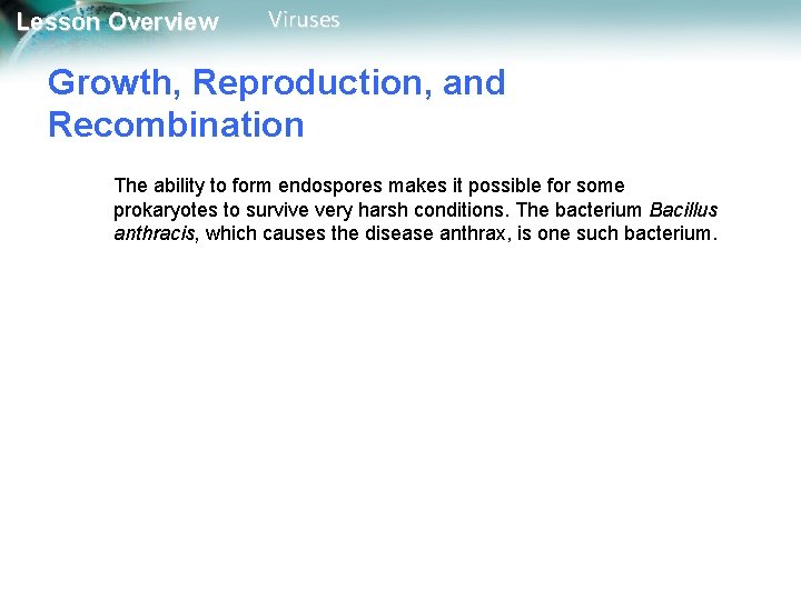 Lesson Overview Viruses Growth, Reproduction, and Recombination The ability to form endospores makes it