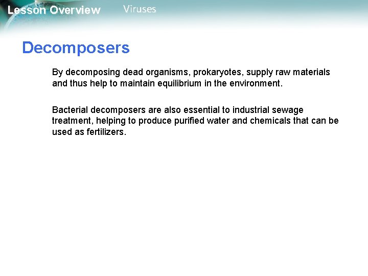 Lesson Overview Viruses Decomposers By decomposing dead organisms, prokaryotes, supply raw materials and thus