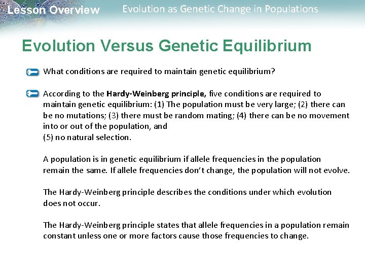 Lesson Overview Evolution as Genetic Change in Populations Evolution Versus Genetic Equilibrium What conditions