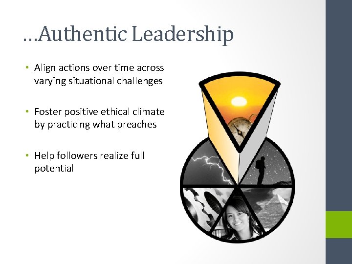 …Authentic Leadership • Align actions over time across varying situational challenges • Foster positive