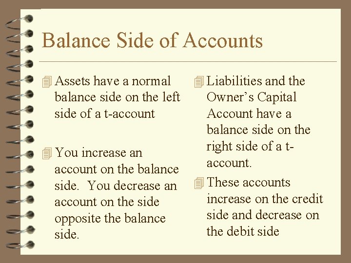 Balance Side of Accounts 4 Assets have a normal balance side on the left