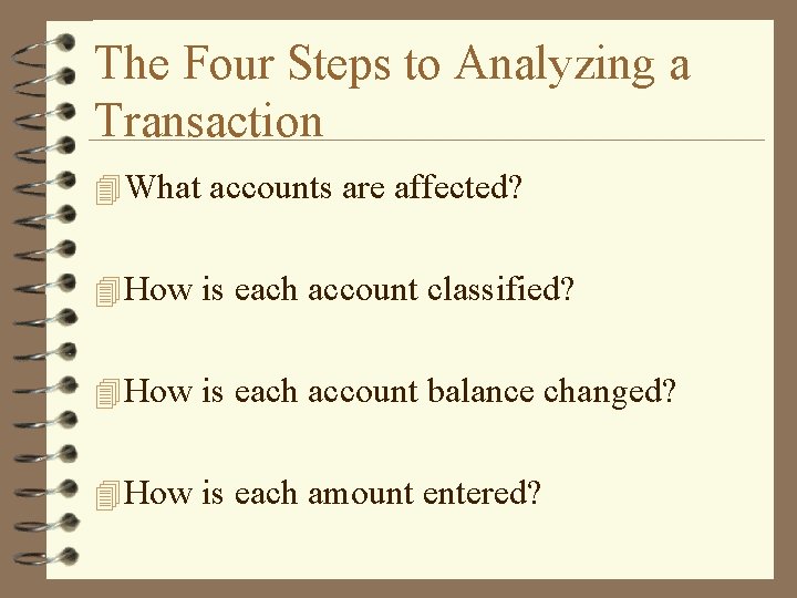 The Four Steps to Analyzing a Transaction 4 What accounts are affected? 4 How