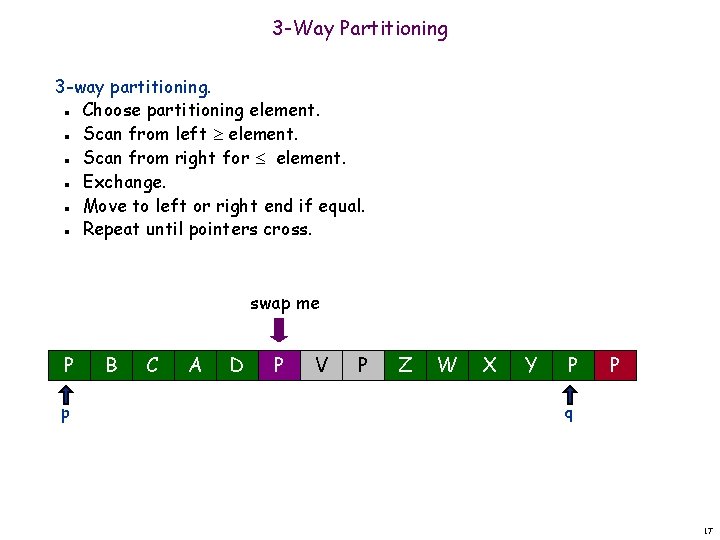 3 -Way Partitioning 3 -way partitioning. Choose partitioning element. Scan from left element. Scan