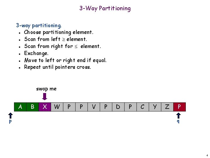 3 -Way Partitioning 3 -way partitioning. Choose partitioning element. Scan from left element. Scan