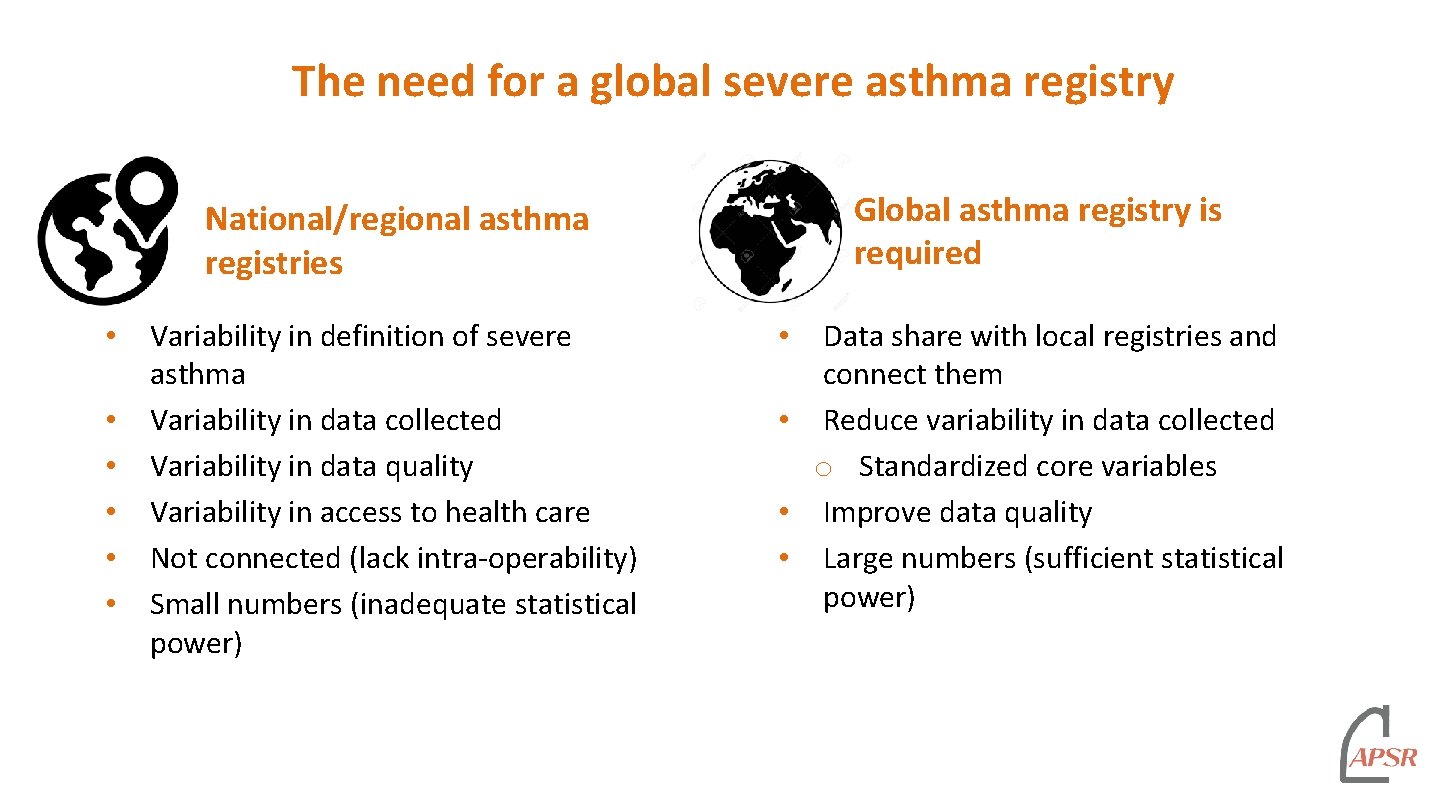 The need for a global severe asthma registry Global asthma registry is required National/regional The need for a global severe asthma registry Global asthma registry is required National/regional