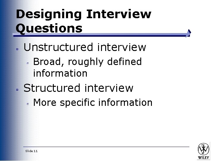 Designing Interview Questions Unstructured interview Broad, roughly defined information Structured interview More specific information