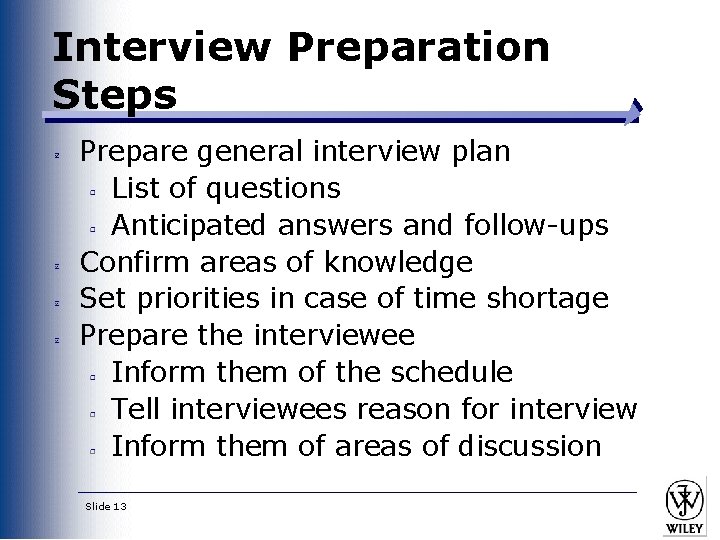 Interview Preparation Steps Prepare general interview plan List of questions Anticipated answers and follow-ups