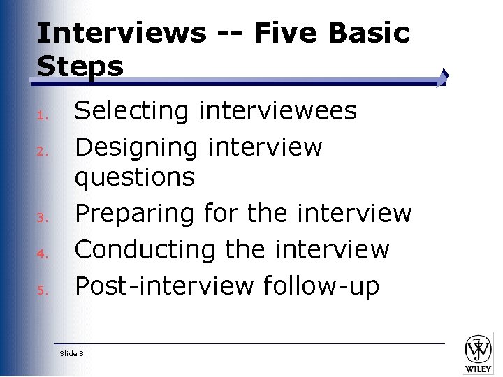 Interviews -- Five Basic Steps 1. 2. 3. 4. 5. Selecting interviewees Designing interview