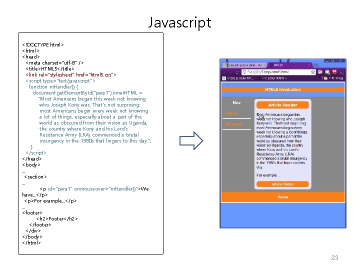 Javascript <!DOCTYPE html> <head> <meta charset="utf-8" /> <title>HTML 5</title> <link rel="stylesheet" href="html 5. css">