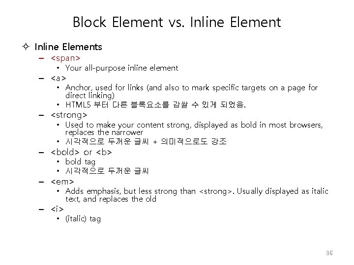Block Element vs. Inline Elements – <span> • Your all-purpose inline element – <a>