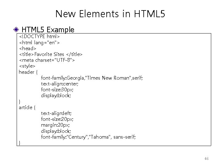 New Elements in HTML 5 Example <!DOCTYPE html> <html lang="en"> <head> <title>Favorite Sites </title>